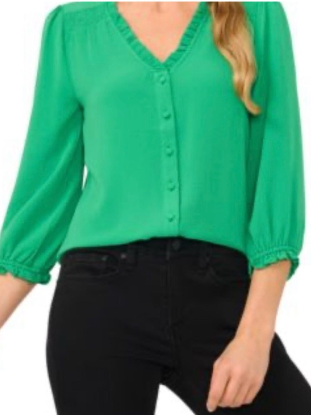 CeCe Women's Ruffled Button Front 3/4 Sleeve Vivid Green Blouse